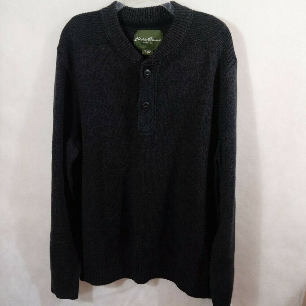 EDDIE BAUER MEN'S PULL-OVER SWEATER SIZE XL DARK GREY 3/4 BUTTONS FRONT CLOSURE